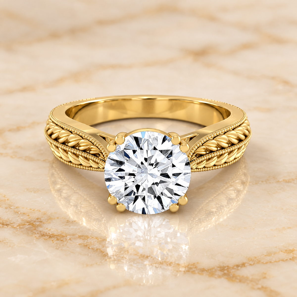 The Ophelia Antique Wheat Bead Solitaire Round Engagement Ring Setting in 18K Yellow Gold