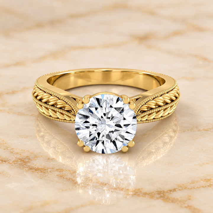 The Ophelia Antique Wheat Bead Solitaire Round Engagement Ring Setting in 18K Yellow Gold