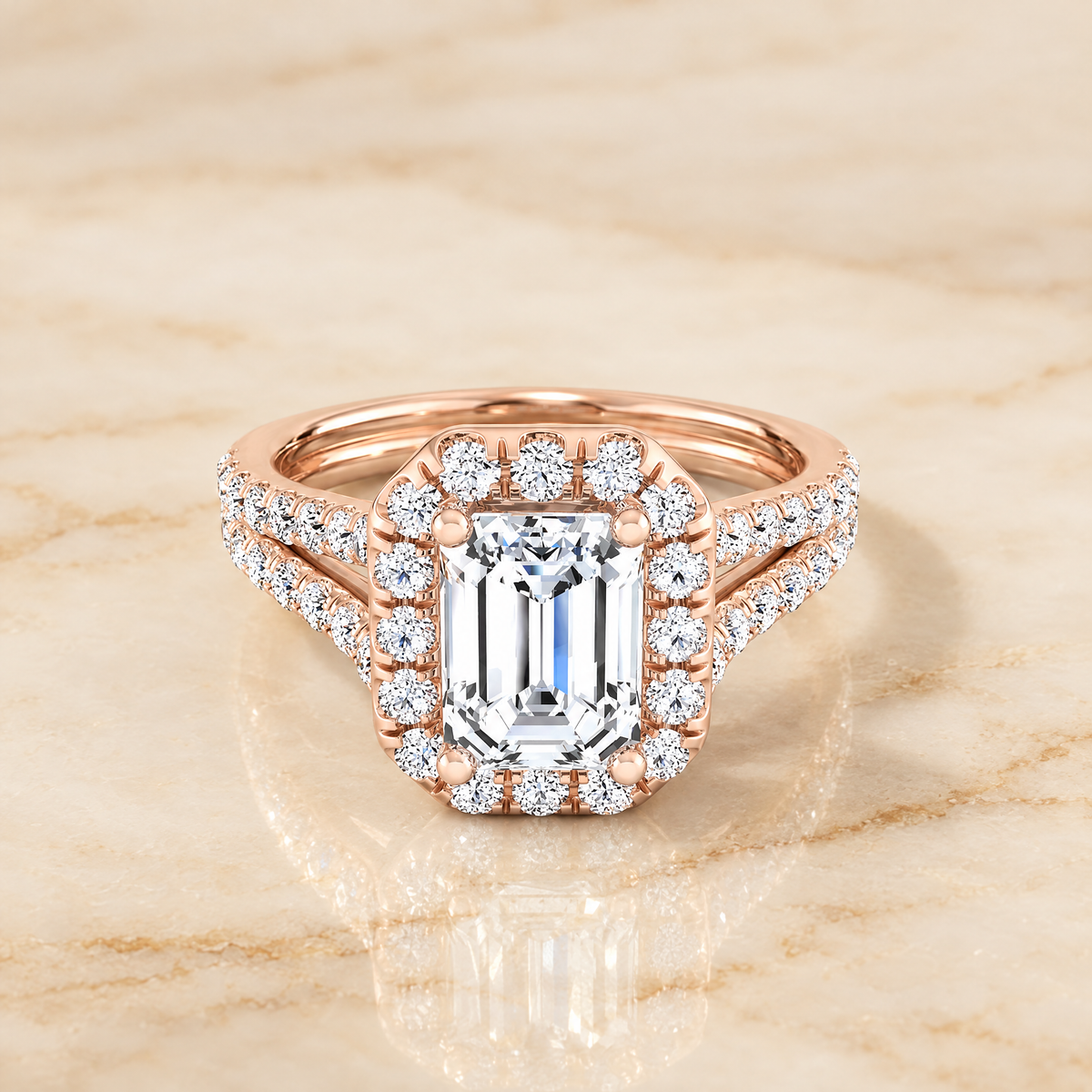 The Celine Two Row Pavé Split Shank Halo Emerald Cut Engagement Ring Setting in 14K Rose Gold