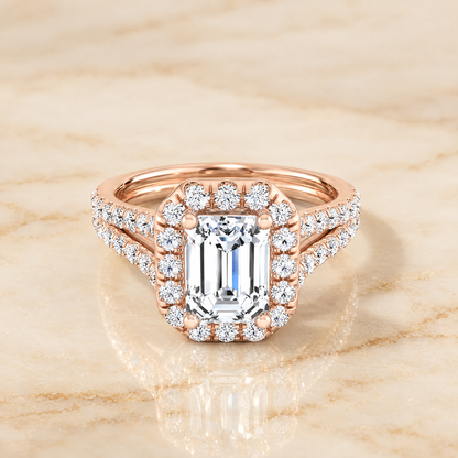 The Celine Two Row Pavé Split Shank Halo Emerald Cut Engagement Ring Setting in 14K Rose Gold