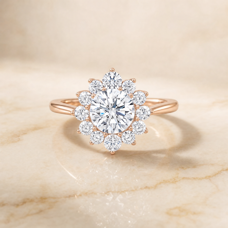 The Eloise Floral Halo Round Engagement Ring Setting in 14K Rose Gold
