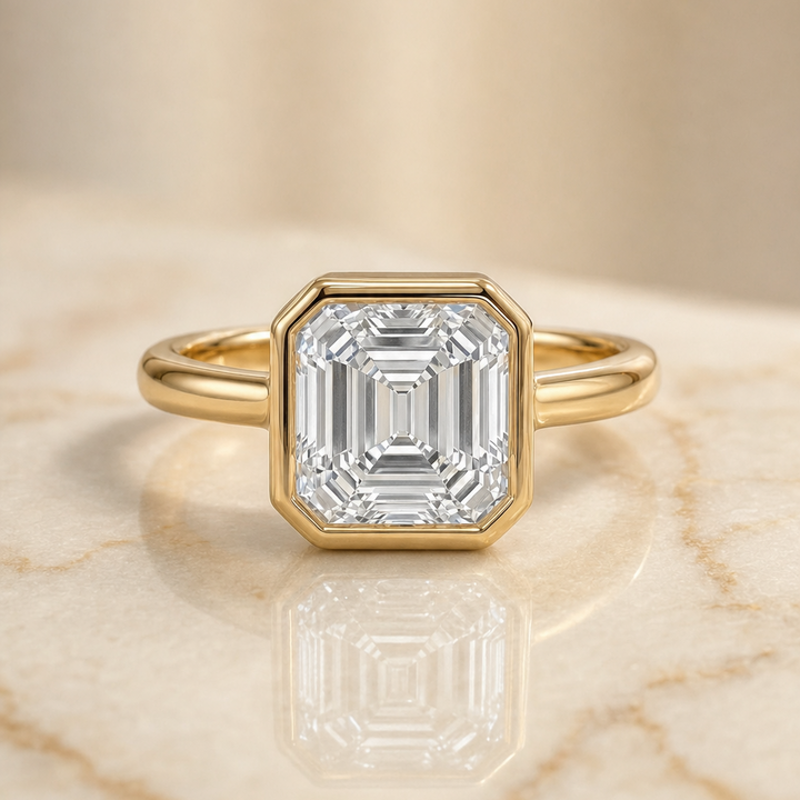 The Agnes Square Bezel Solitaire In Step Engagement Ring Setting in 18K Yellow Gold