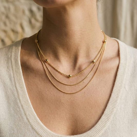 14K Yellow Gold Beaded Station Chain Necklace, 18 Inch, worn close-up portrait