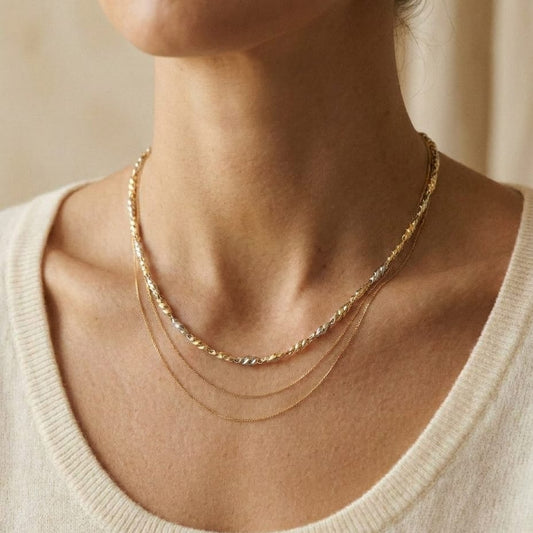 14K Two-Tone Gold Oval Textured Link Necklace, 18 Inch, worn close-up portrait