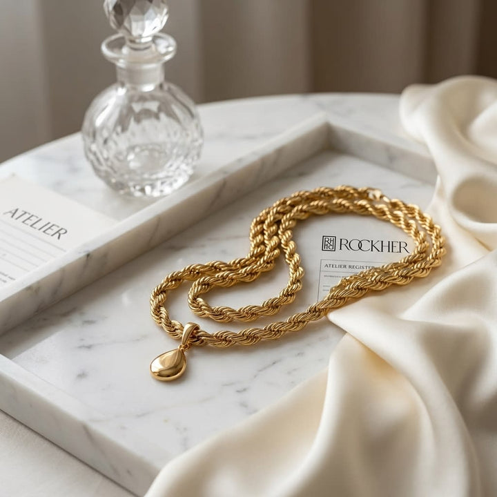 14K Yellow Gold Twisted Rope Chain Necklace, 18 Inch, on marble vanity tray with silk