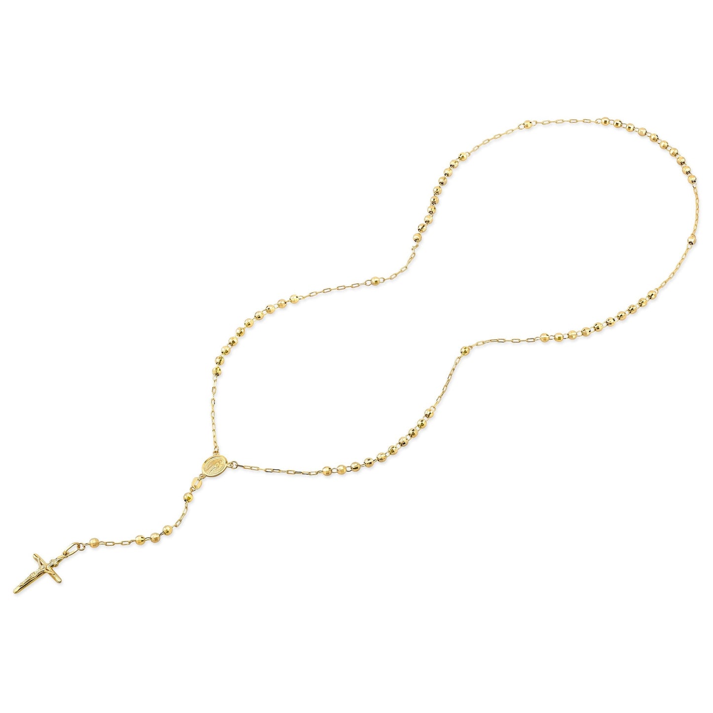 14K Yellow Gold Beaded Station Chain with Cross, 26 Inch – side profile | RockHer