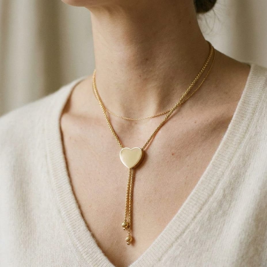 14K Yellow Gold Bead Chain with Heart Pendant, 18 Inch, worn close-up portrait