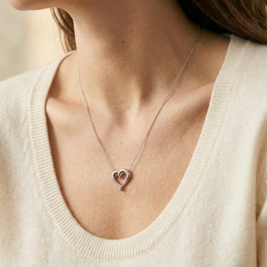 14K White Gold Cable Chain with Rose Gold Heart Pendant, 16 Inch, worn close-up portrait