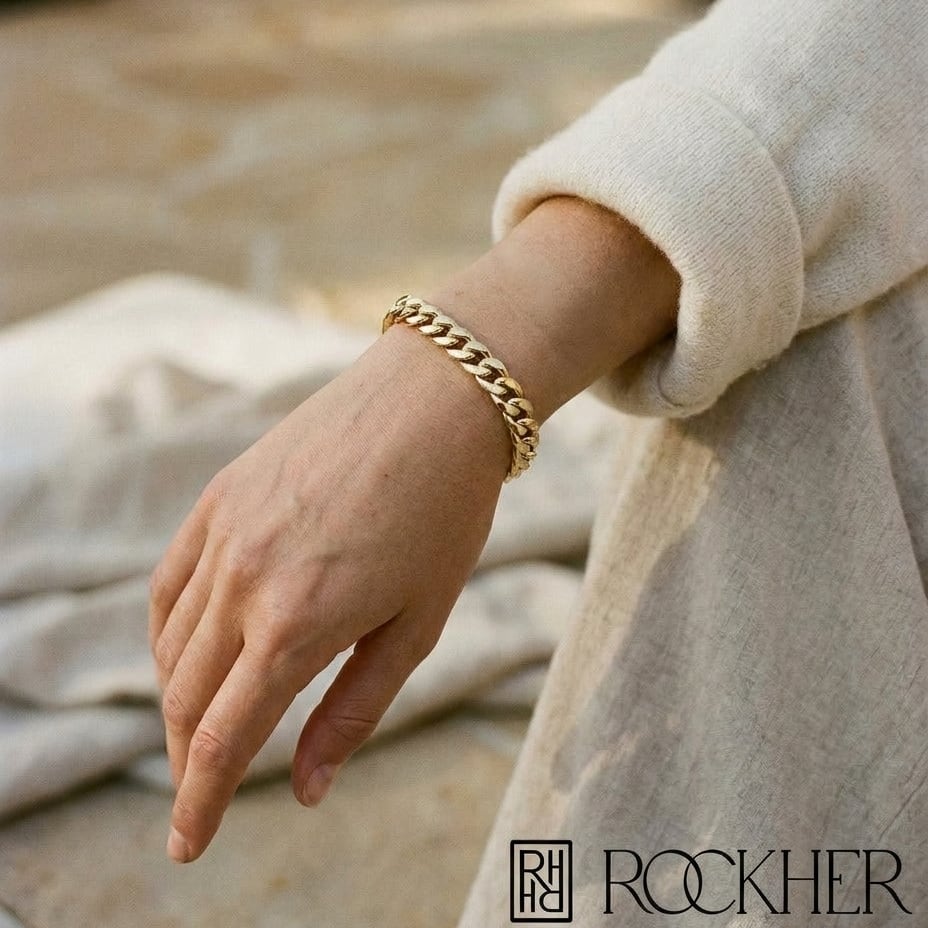 14K Yellow Gold Curb Link Bracelet, 8.5 Inch, worn close-up portrait