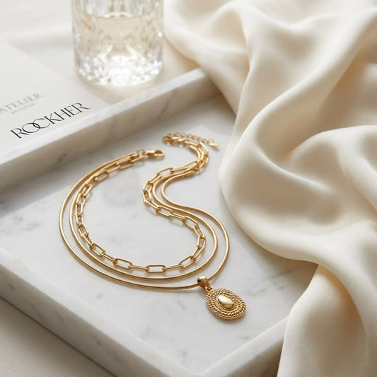 14K Yellow Gold Paperclip Chain Necklace, 18 Inch, on marble vanity tray with silk