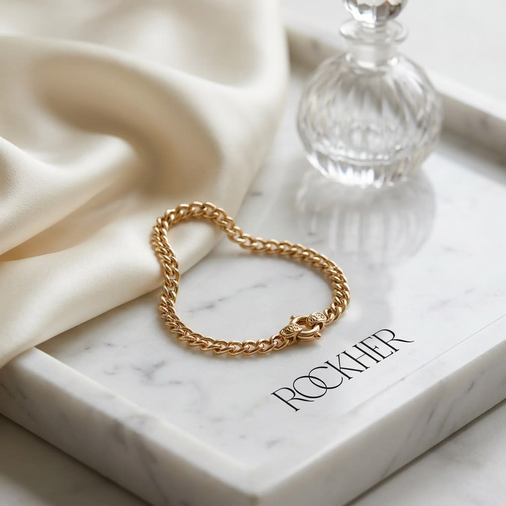 14K Yellow Gold Spiga Chain Bracelet, 7.5 Inch, on marble vanity tray with silk