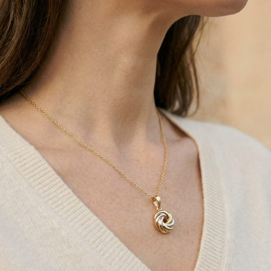 14K Tri-Color Gold Love Knot Pendant Necklace, 18 Inch, worn close-up portrait
