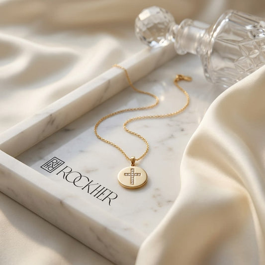 14K Yellow Gold Round Medal with Cross Necklace, 17.5 Inch, on marble vanity tray with silk