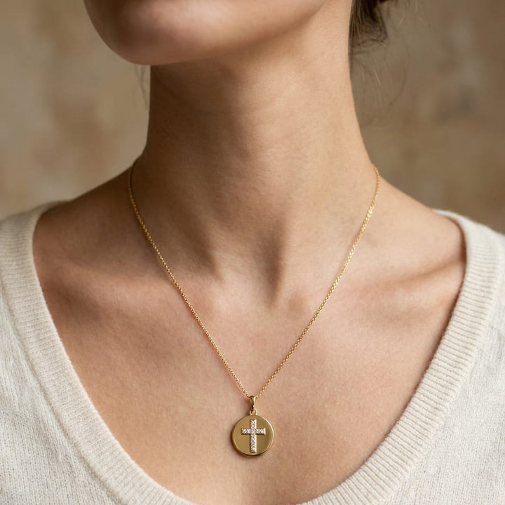 14K Yellow Gold Round Medal with Cross Necklace, 17.5 Inch, worn close-up portrait