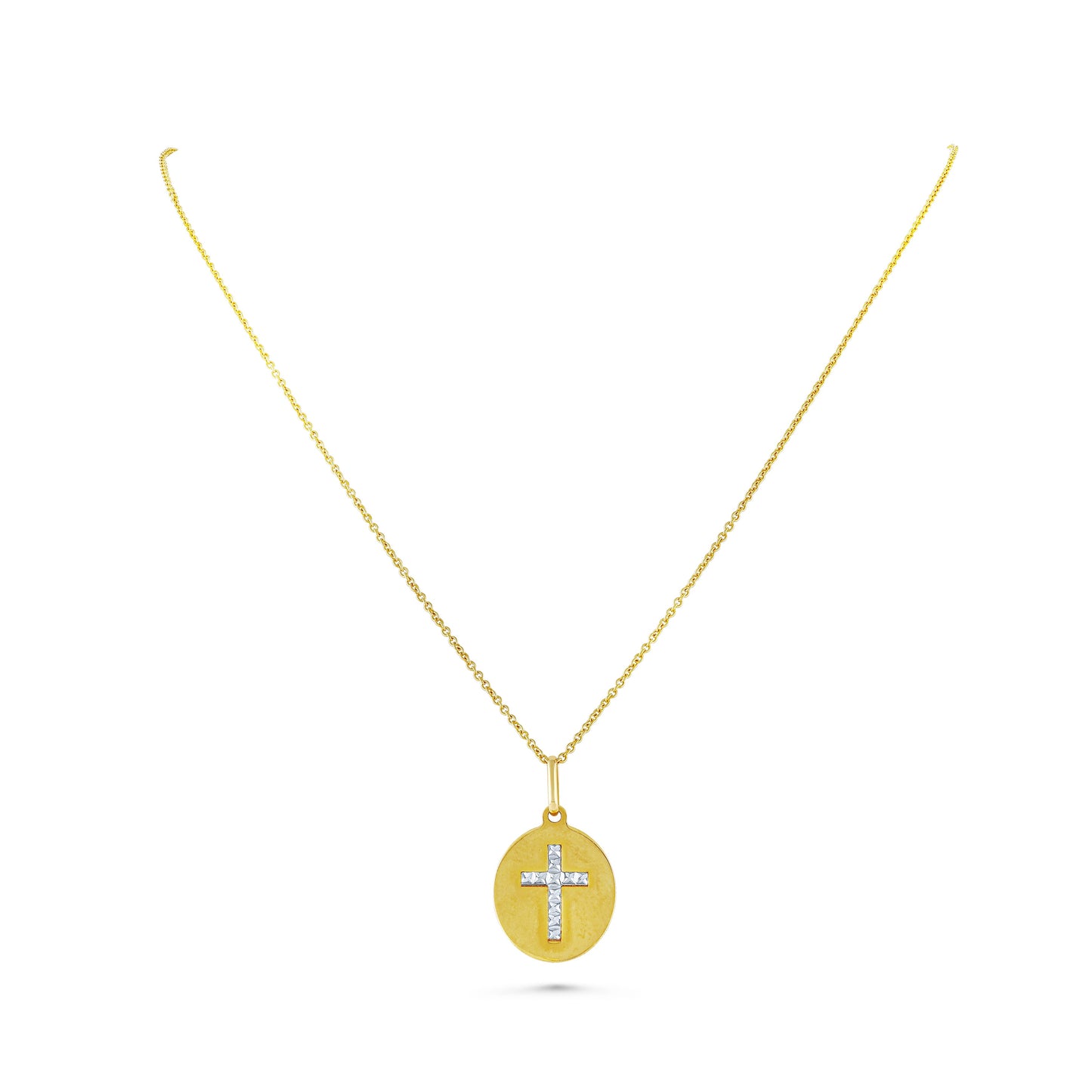 14K Yellow Gold Round Medal with Cross Necklace, 17.5 Inch – side profile | RockHer