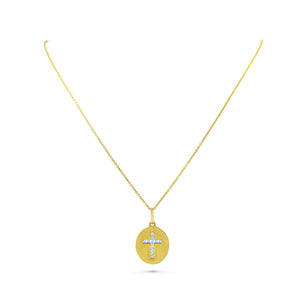 14K Yellow Gold Round Medal with Cross Necklace, 17.5 Inch – side profile | RockHer