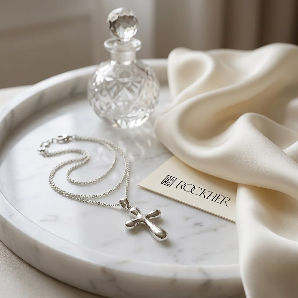 14K White Gold Cross Pendant Necklace, 18 Inch, on marble vanity tray with silk