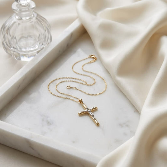 14K Two-Tone Gold Diamond-Cut Crucifix Pendant Necklace, 20 Inch, on marble vanity tray with silk