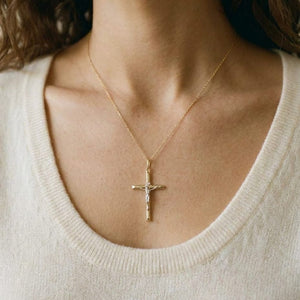 14K Two-Tone Gold Diamond-Cut Crucifix Pendant Necklace, 20 Inch, worn close-up portrait