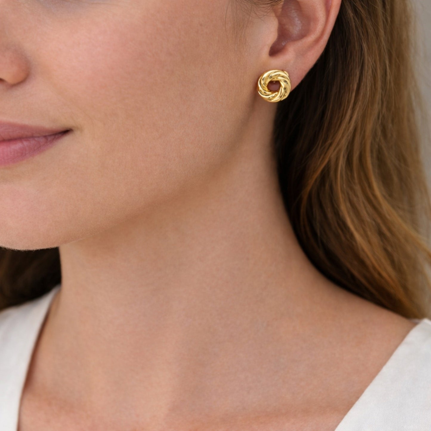 14K Yellow Gold Love Knot Stud Earrings – detail view | RockHer