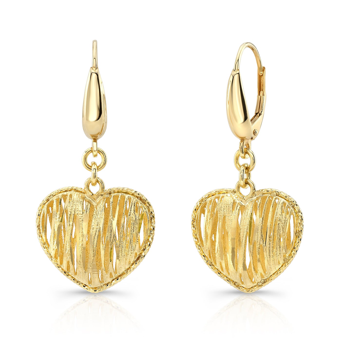 14K Yellow Gold Textured Heart Drop Earrings – side profile | RockHer