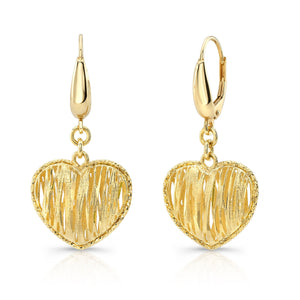 14K Yellow Gold Textured Heart Drop Earrings – side profile | RockHer