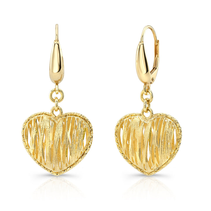14K Yellow Gold Textured Heart Drop Earrings – side profile | RockHer