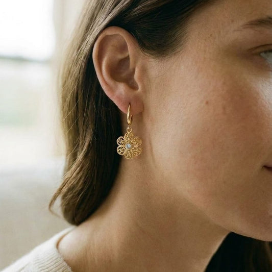 14K Yellow Gold Floral Drop Earrings, worn close-up portrait