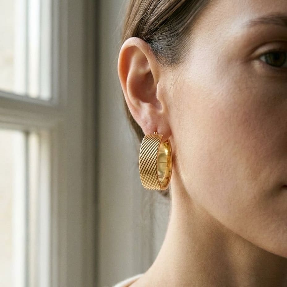14K Yellow Gold Striped Hoop Earrings, worn close-up portrait