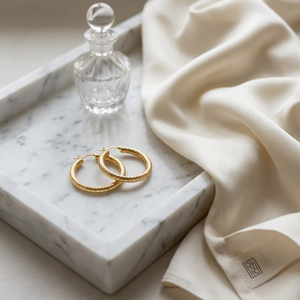 14K Yellow Gold Textured Hoop Earrings, on marble vanity tray with silk