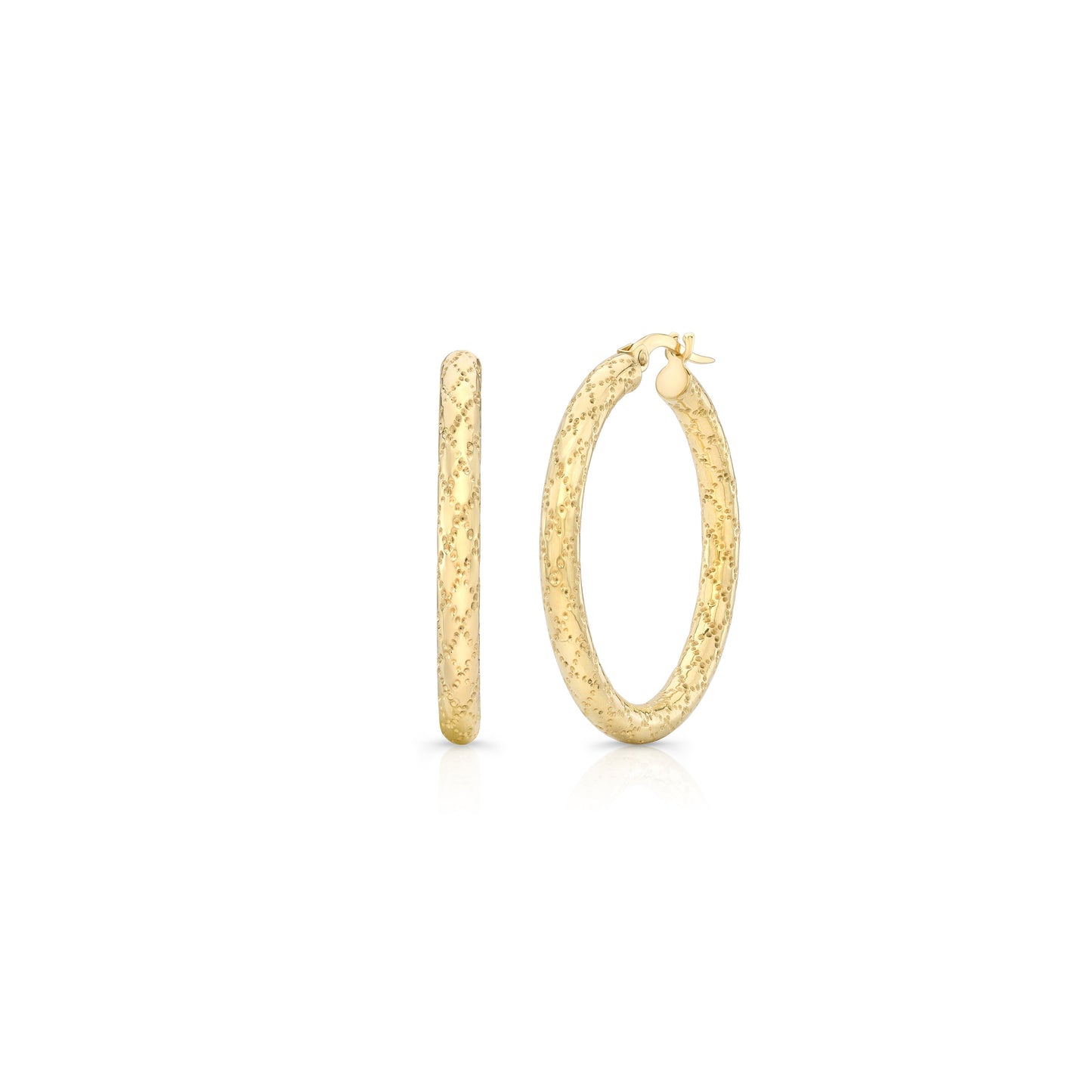 14K Yellow Gold Textured Hoop Earrings – side profile | RockHer