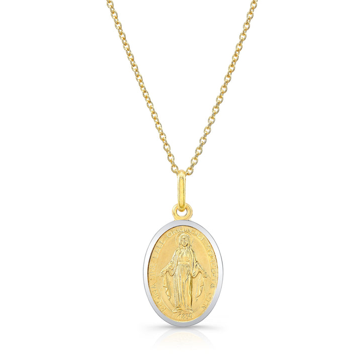 14K Yellow Gold Oval Virgin Mary Medal Necklace, 17 Inch – side profile | RockHer