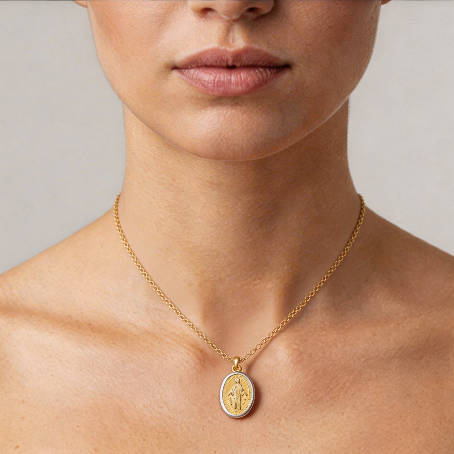 14K Yellow Gold Oval Virgin Mary Medal Necklace, 17 Inch – detail view | RockHer