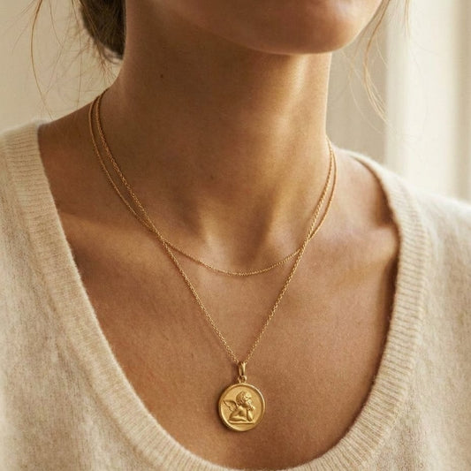 14K Yellow Gold Angel Medal Necklace, 17 Inch, worn close-up portrait