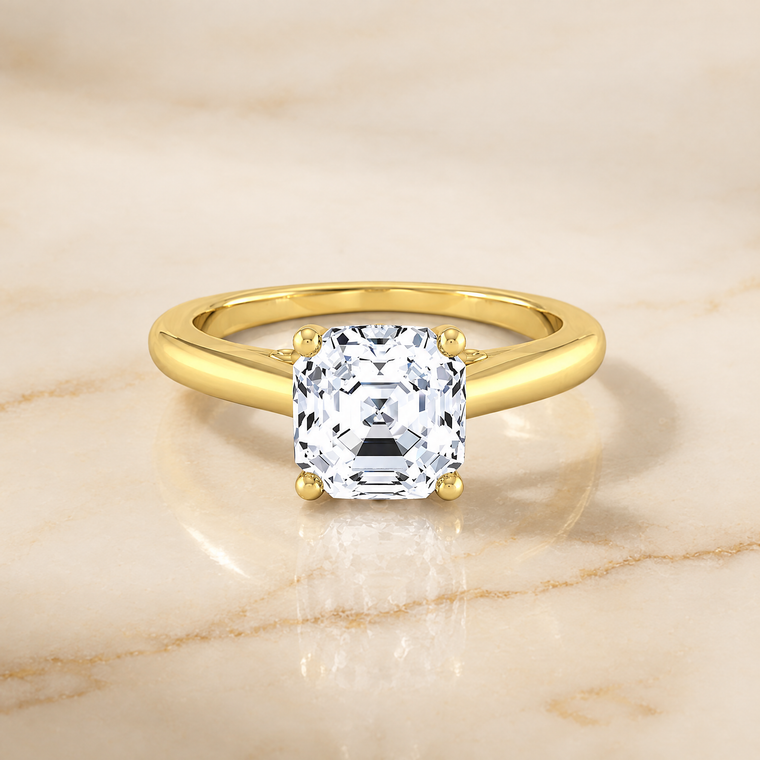 The Rio Scroll Gallery Comfort Fit Solitaire Asscher Cut Engagement Ring Setting in 18K Yellow Gold