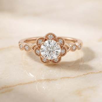The Linda Scalloped Halo Floral Leaf Round Engagement Ring Setting in 14K Rose Gold
