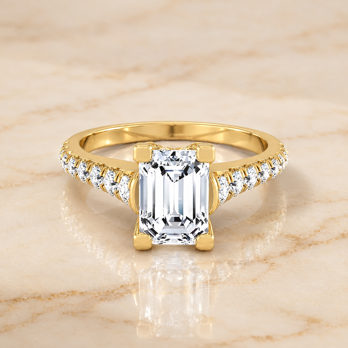 The Mimi Graduated Linear Pavé Emerald Cut Engagement Ring Setting in 18K Yellow Gold