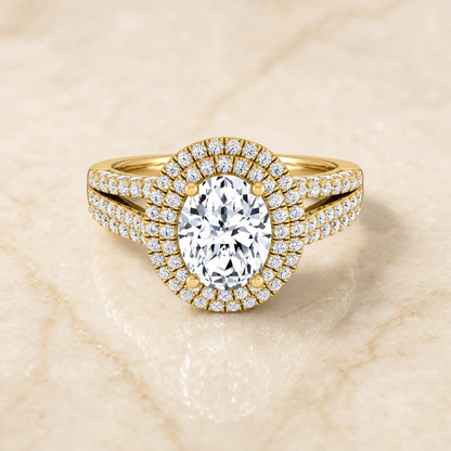 The Mariah Three Tier Halo Crown Oval Engagement Ring Setting in 18K Yellow Gold