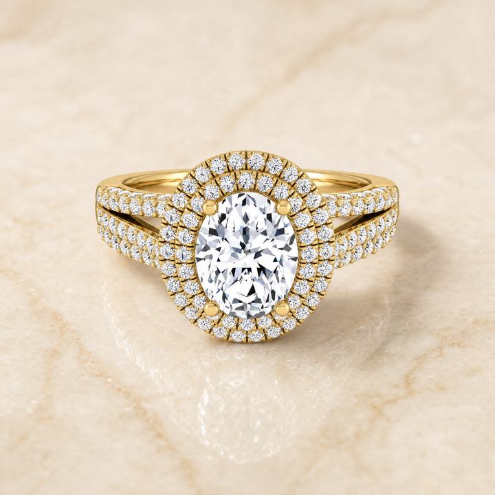 The Mariah Three Tier Halo Crown Oval Engagement Ring Setting in 18K Yellow Gold