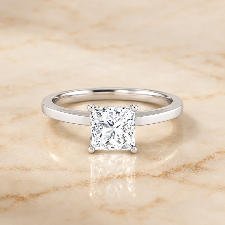 The Carmen Beveled Edge Comfort Fit Solitaire Princess Cut Engagement Ring Setting in 18K White Gold