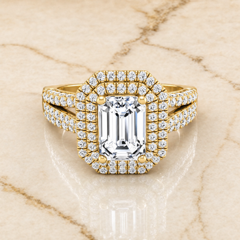 The Mariah Three Tier Halo Crown Emerald Cut Engagement Ring Setting in 18K Yellow Gold