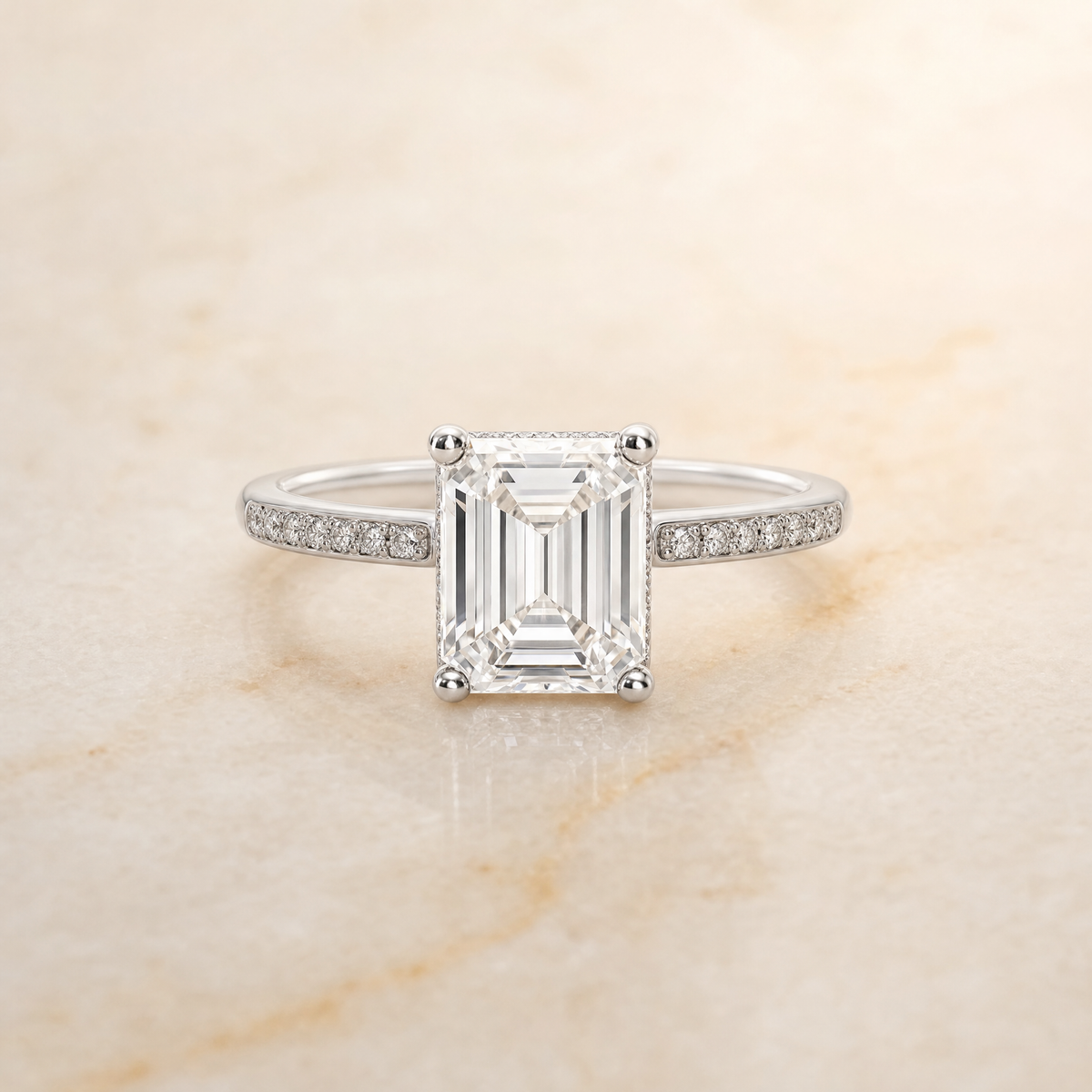The Brenda High Hidden Halo Solitaire Emerald Cut Engagement Ring Setting in 18K White Gold
