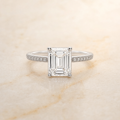The Brenda High Hidden Halo Solitaire Emerald Cut Engagement Ring Setting in 18K White Gold