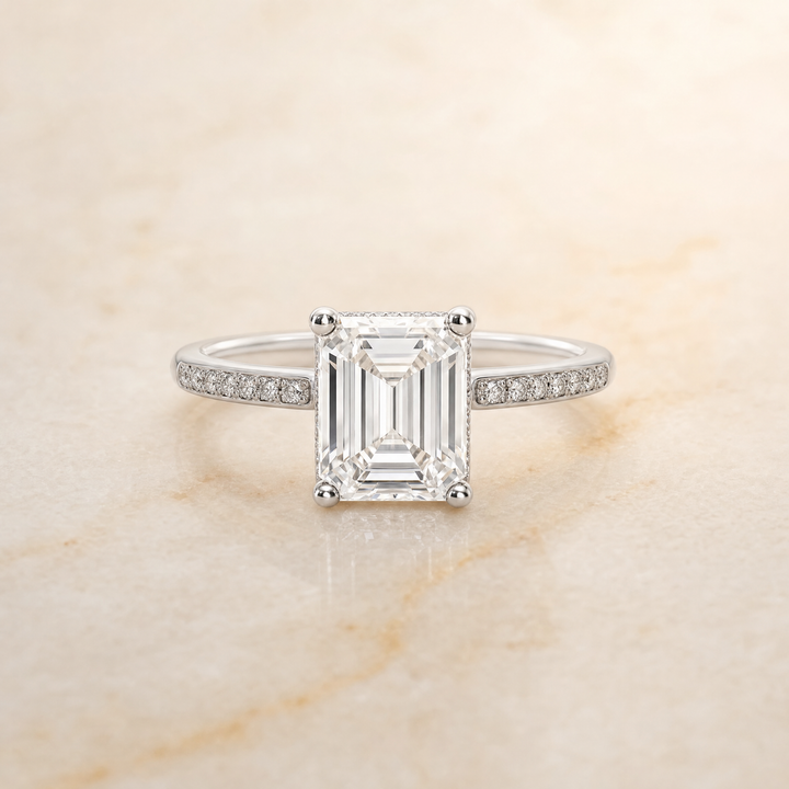 The Brenda High Hidden Halo Solitaire Emerald Cut Engagement Ring Setting in Platinum