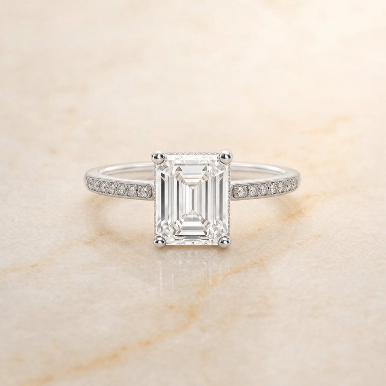 The Brenda High Hidden Halo Solitaire Emerald Cut Engagement Ring Setting in 18K White Gold