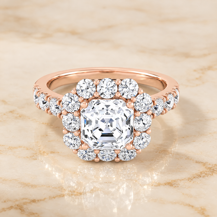 The Alannah Luxe French Pavé Halo Asscher Cut Engagement Ring Setting in 14K Rose Gold