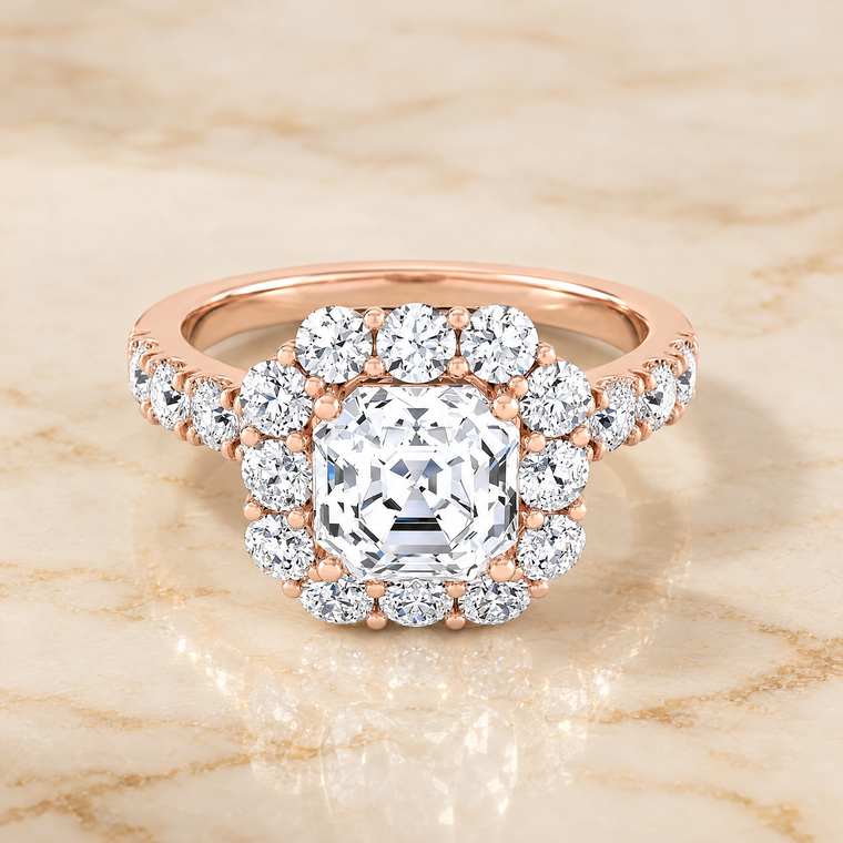 The Alannah Luxe French Pavé Halo Asscher Cut Engagement Ring Setting in 14K Rose Gold
