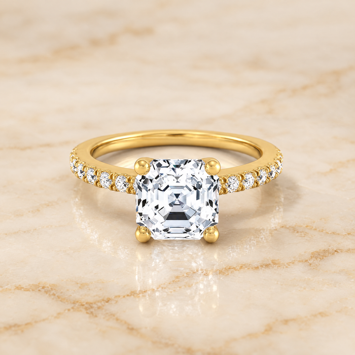 The Norah Classic Linear French Pavé Asscher Cut Engagement Ring Setting in 18K Yellow Gold