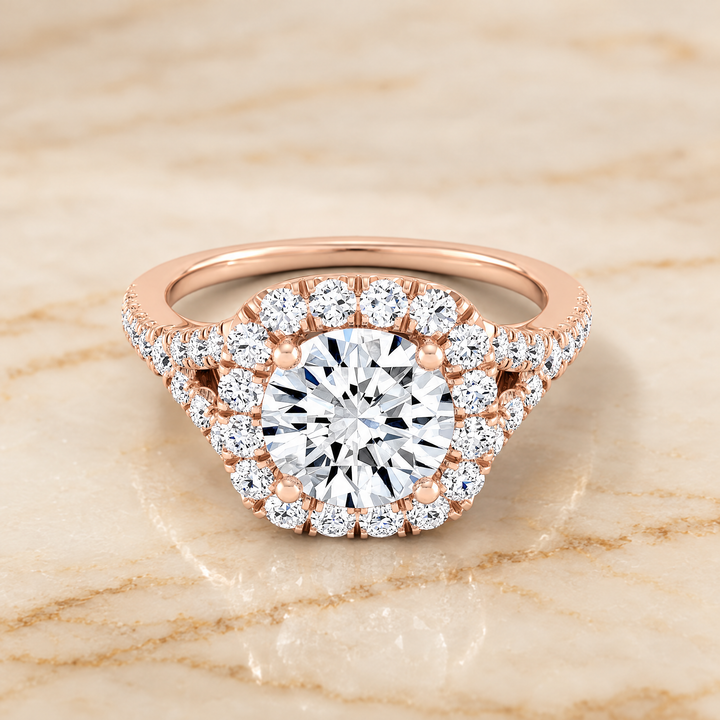 The Billie Prong Halo Split Shank Round Engagement Ring Setting in 14K Rose Gold