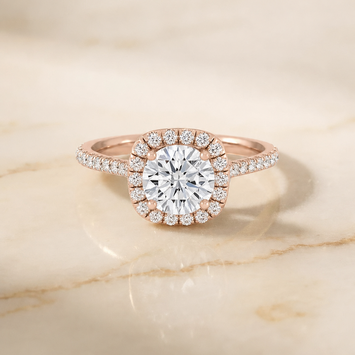 The Everly Classic Shared Prong Halo Round Engagement Ring Setting in 14K Rose Gold